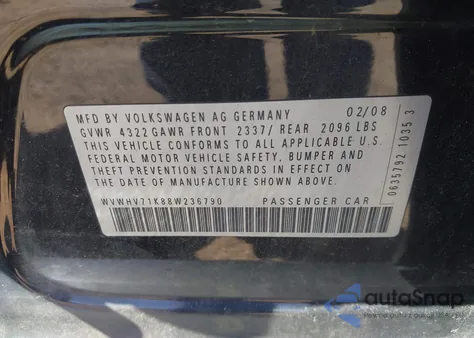 2008 Volkswagen Gti 4-Door из США, поврежденный, VIN WVWHV71K88W236790